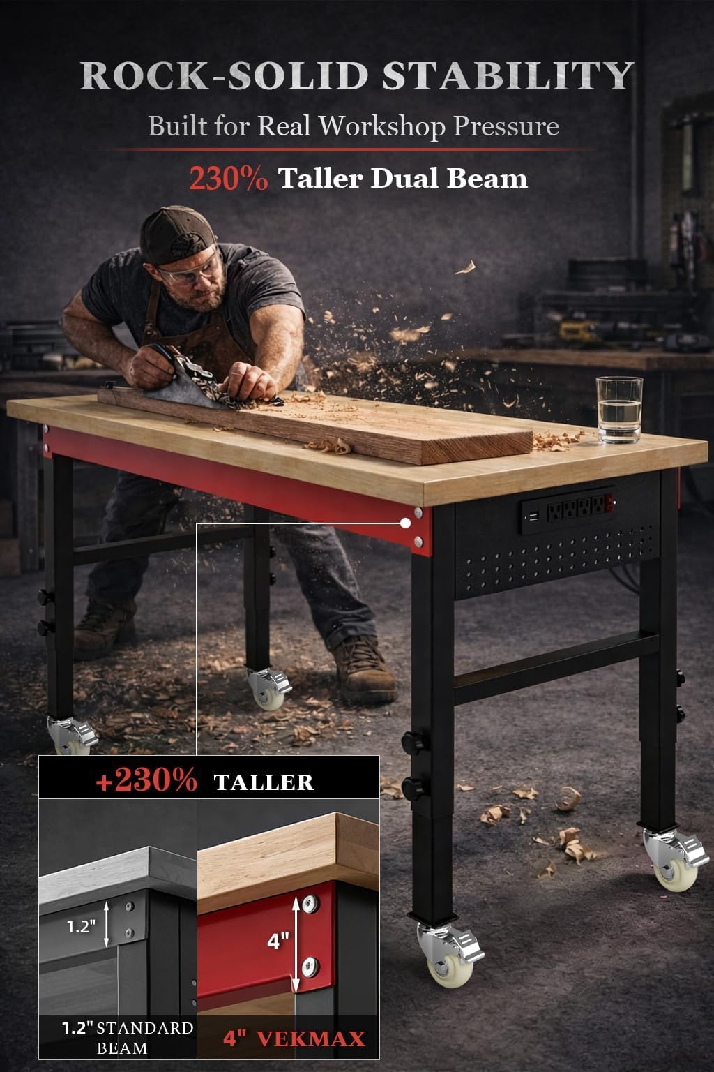 70" Heavy Duty Workbench, 2500 LBS Load Capacity Work Bench with 1.2" Laminated Oak Wood Top & Reinforced Steel Frame, Adjustable Height Work Table for Garage, Workshop, Office, Home (Casters) — view 3