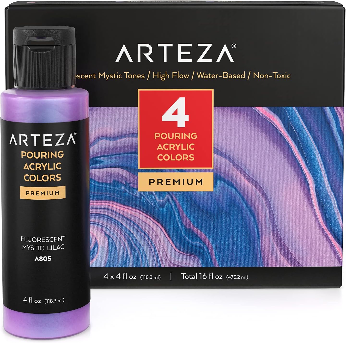 Arteza Iridescent Pouring Acrylic Paint, Set of 4, Mystic Tones, 4 fl oz Bottles, High-Flow Pouring Paint, Art Supplies for Canvas, Glass, Wood, Ceramics, Tile, and Stone 4 x 118ml (4 fl oz) Mystic Tones