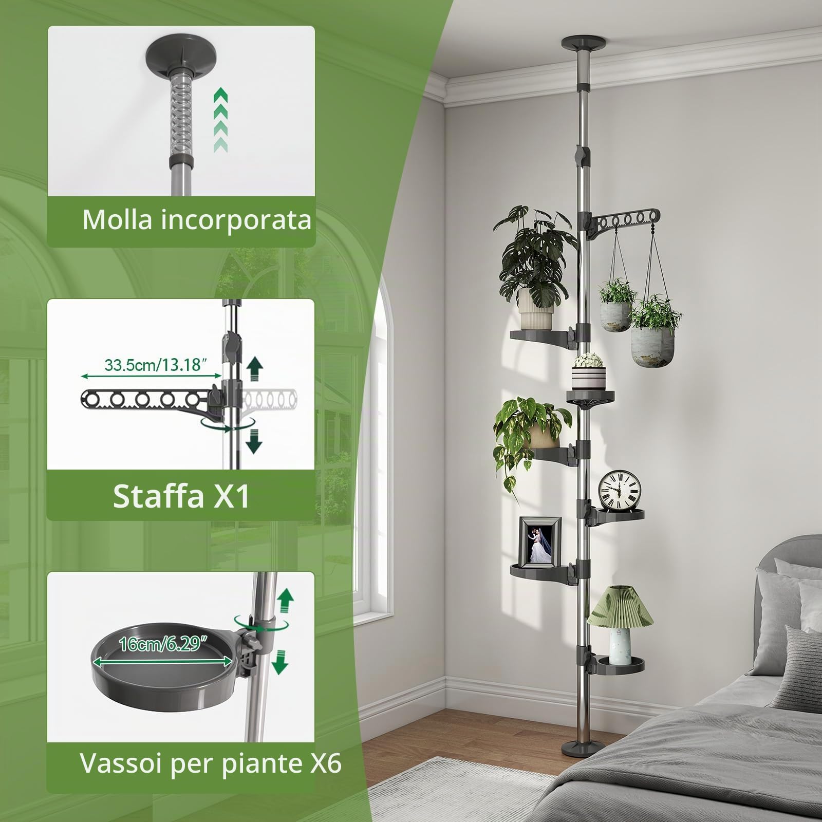 BAOYOUNI Supporto Porta Piante Telescopica da Interno Portavasi Scaffale Portafiori a 7 Ripiani Espositore per Fiori Scaffalatura in Metallo, Altezza Regolabile 230 - 290cm, Grigio