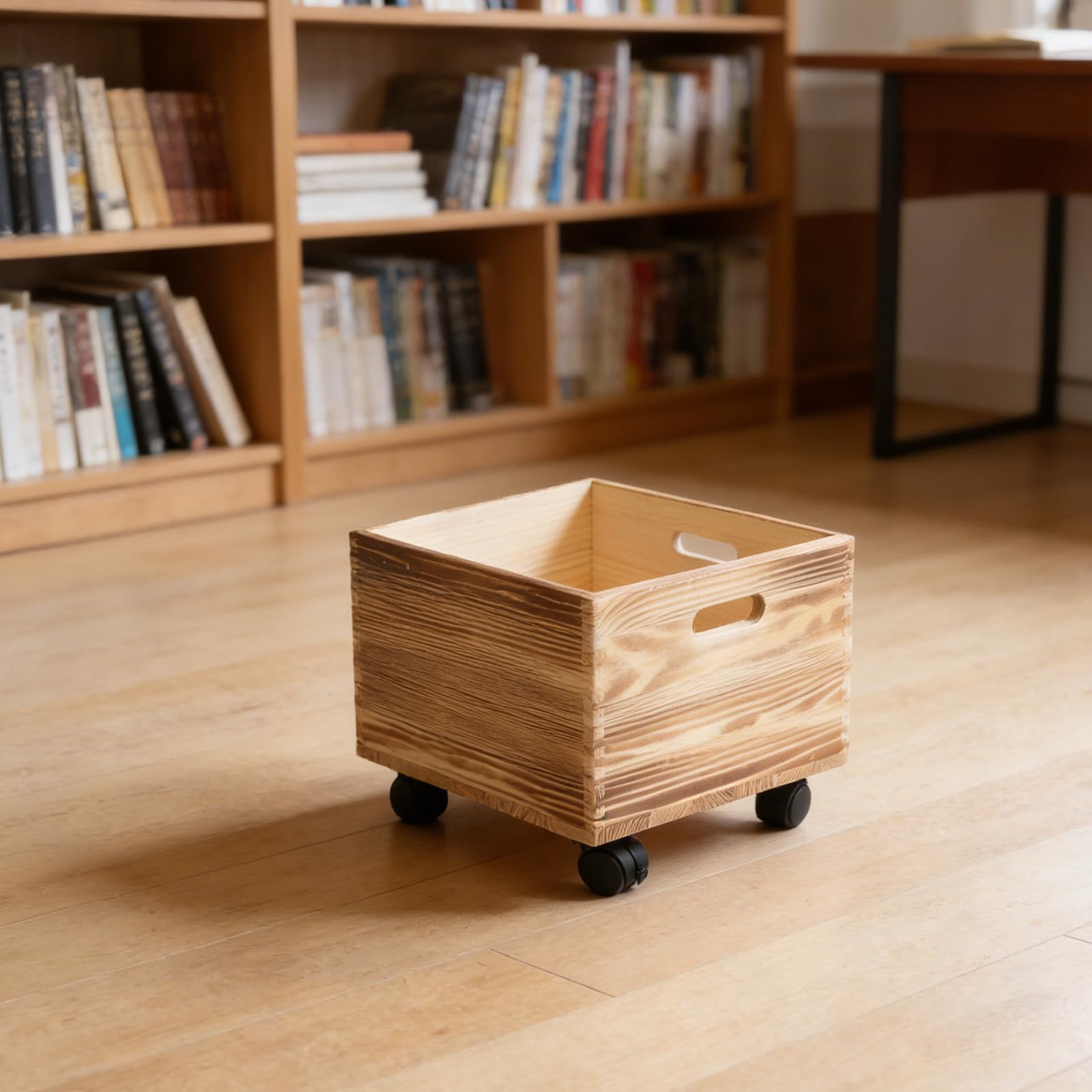HEMOTON Caisse de Rangement en Bois Solide avec Couvercle, Forme Carrée Rustique, pour Magazines et Disques Vinyles, Portable avec Roulettes, pour Dortoirs et Bureaux