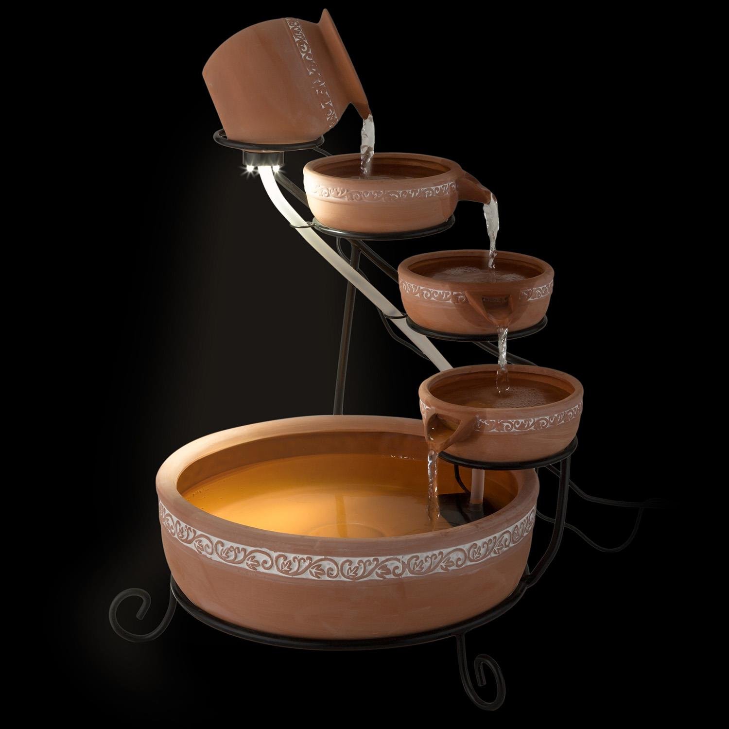 Blumfeldt Empoli Fuente en Cascada con energía Solar (5 Niveles de Agua, recipientes de Terracota, 200L/h, Bomba de 2 W, 4 LED, decoración Interior o Exterior, Soporte de Hierro)