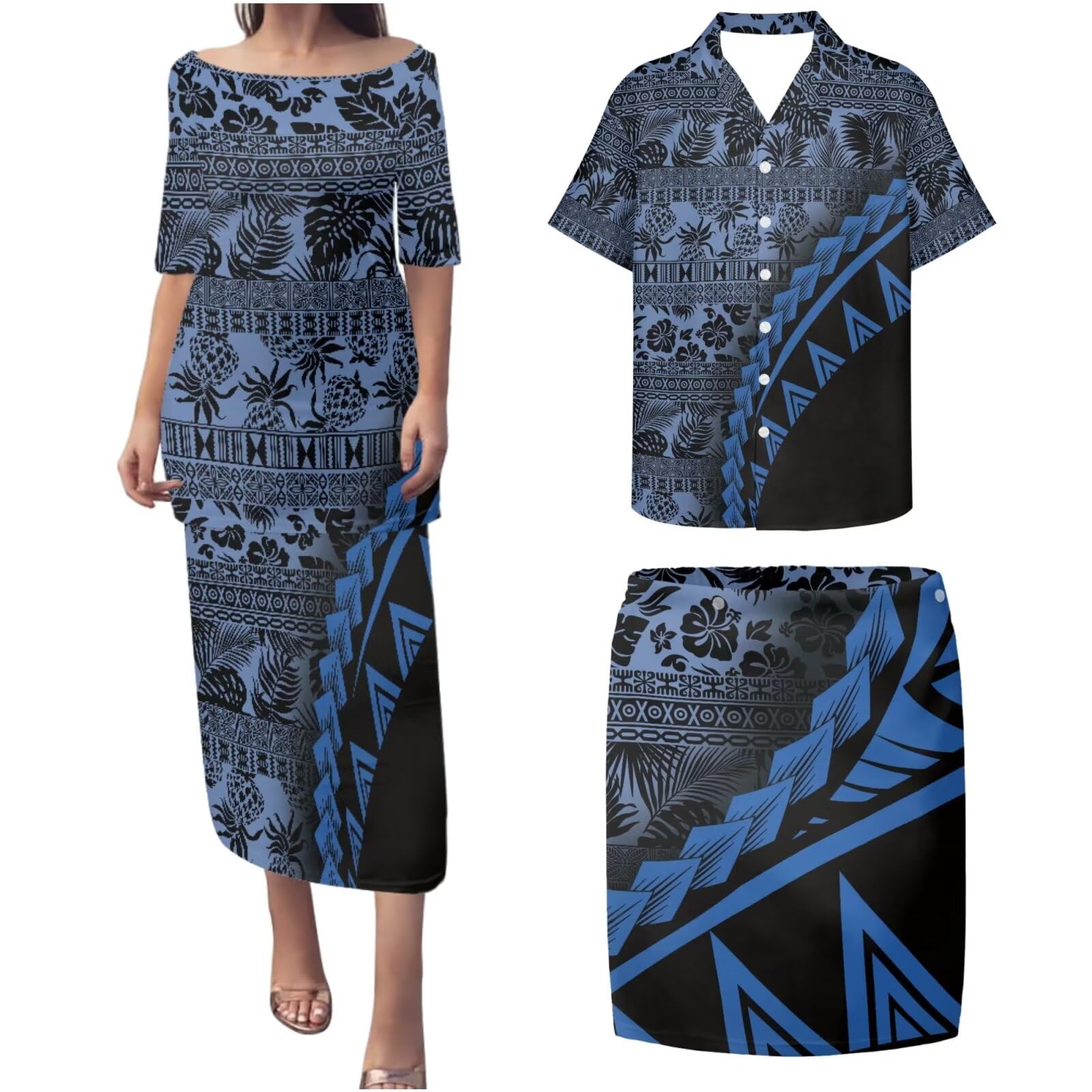 Zhangruoheng Plus Size Couple Outfit Sets Polynesian Tapa Puletasi Samoan Women Dress and Men Shirts Lavalava Couple Sets