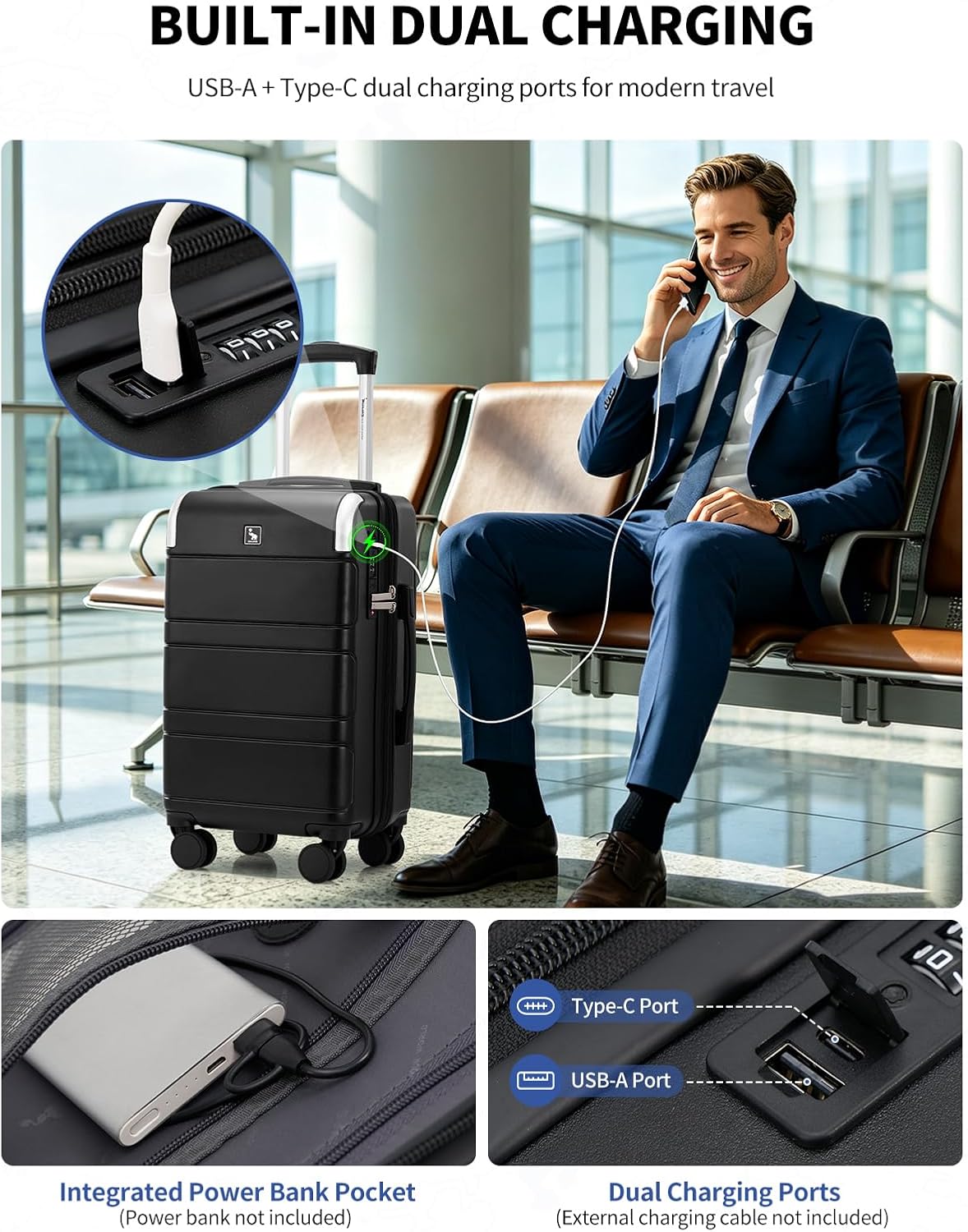 OIWAS Expandable Carry On Luggage with USB Charging Port, Airline Approved PC Carry-On Suitcase with Spinner Wheels for Business trip, Hard Shell Suitcase for Travel