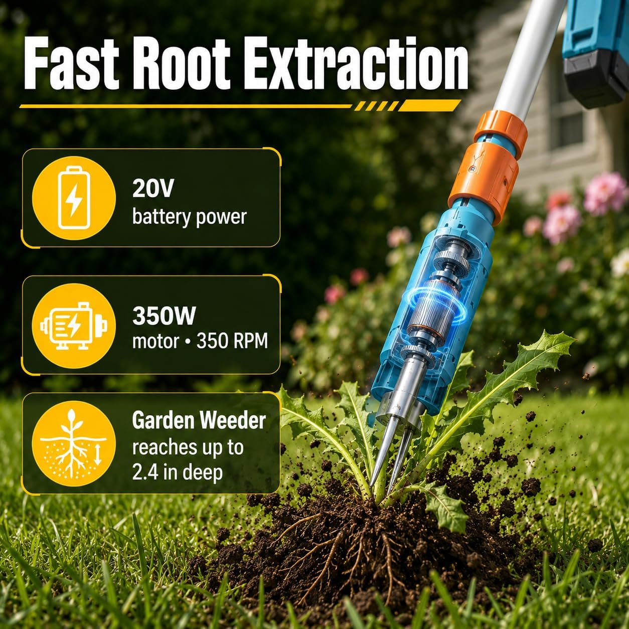 Extracteur de mauvaises herbes électrique avec poignée réglable, tête en acier à 3 griffes et 2 batteries 2,0 Ah pour désherber facilement le jardin
