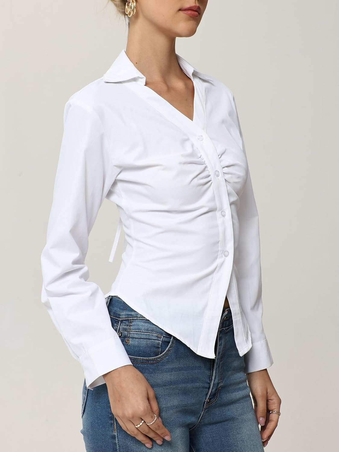 SUNNOW Women's V-Neck Ruched Blouse Long Sleeve Button Down Shirt with Lace Up Tie Back & Cinched Waist for Work Casual - Image 5