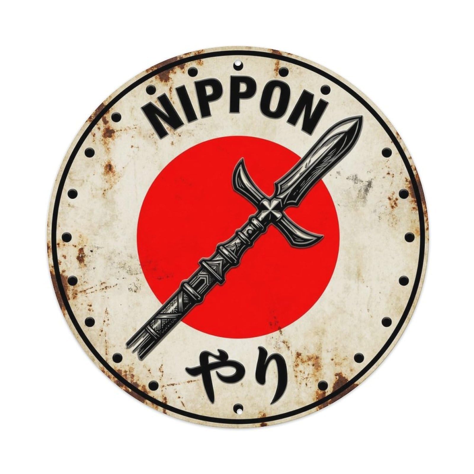 Yari Spear Nippon Pole Weapon Vintage Antique Badge Metal Tin Sign Plaque Wall Decor for Cafe, Man Cave, Club Bar, Office, Home Garden Round Metal Poster 8x8Inch