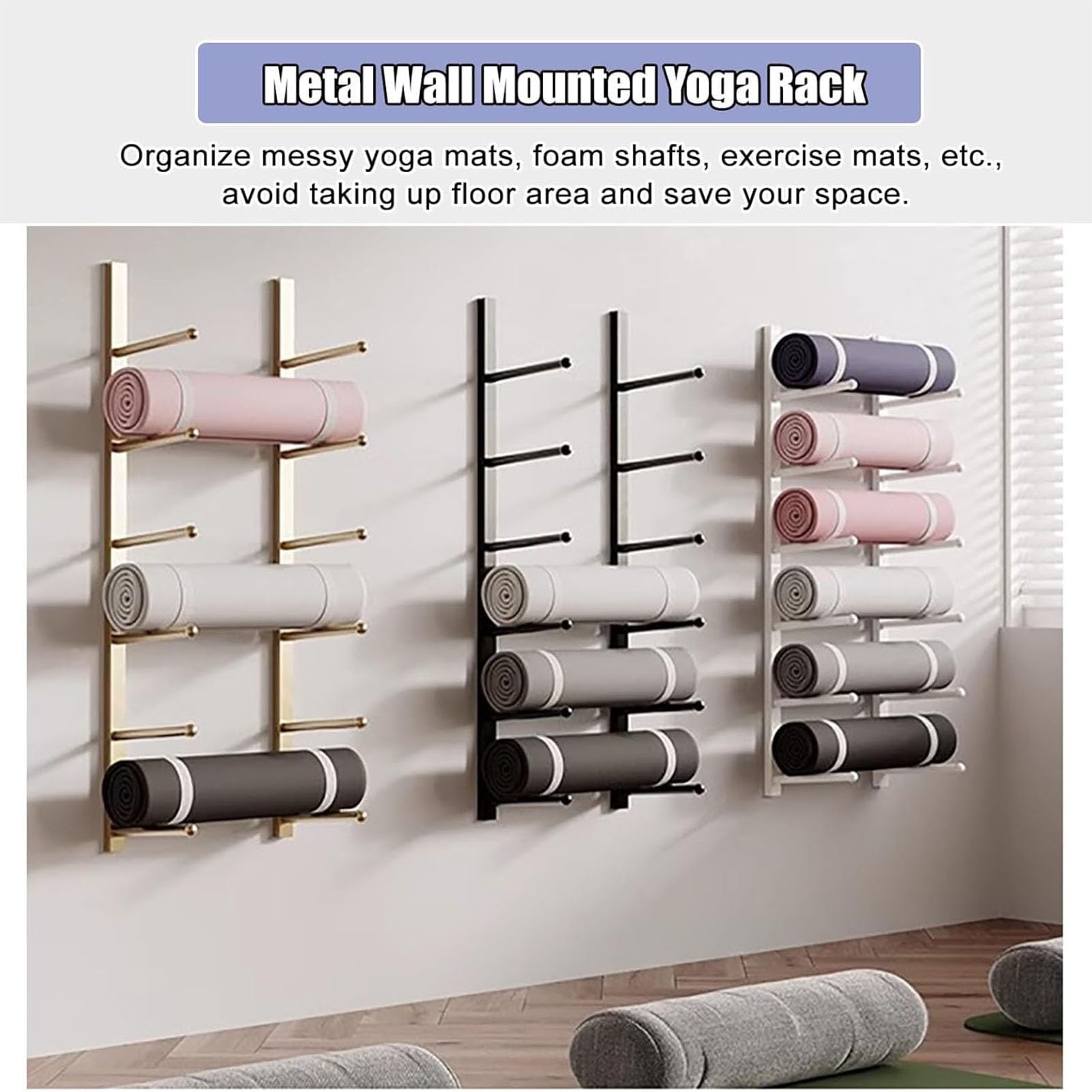 Générique 6 Lagen Yoga-Mattenhalter, Wandhalterung aus Metall für Schaumstoffrollen, hängende Yoga-Mattenhalterung für Home-Gym-Übungen, platzsparend(Schwarz)