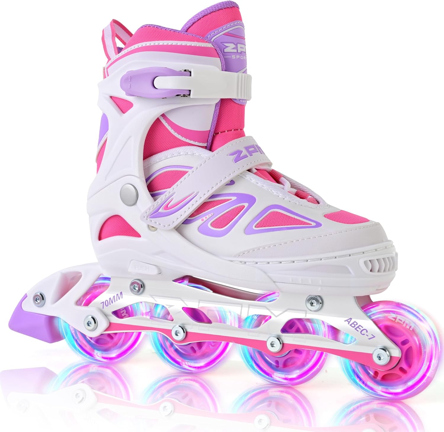 2PM SPORTS Vinal Girls Adjustable Flashing Inline Skates, All Wheels Light Up, Fun Illuminating Skates for Kids Men Adult Women and Boys White & Pink Medium - Big Kid (1-4 US)