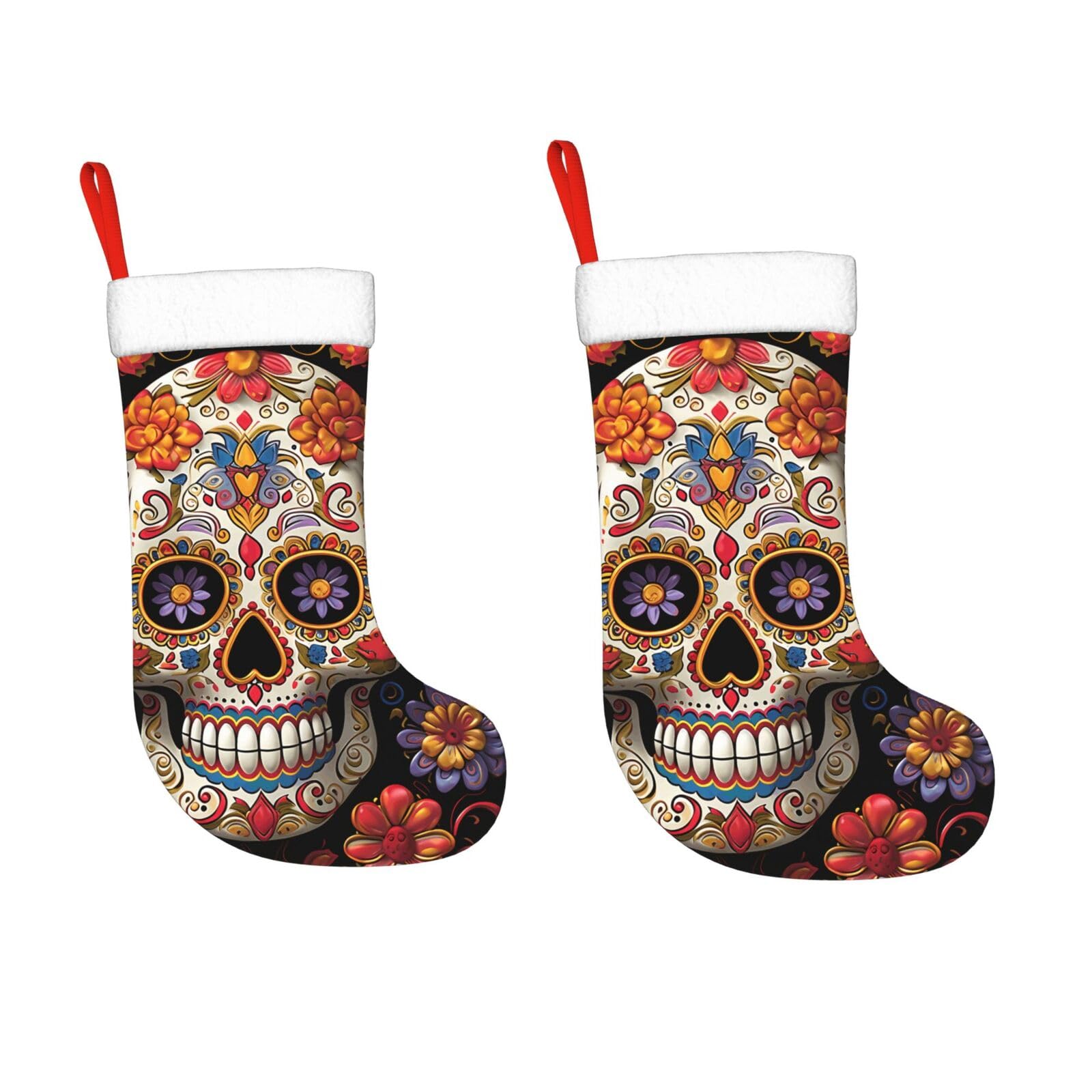 KLOPH 2 Pack 18 Inches Christmas Stockings Personalized Sugar Skulls Xmas Stocking Hanging Decoration Fireplace Stocking for Holiday Xmas Tree Christmas Fireplace Decor Gifts