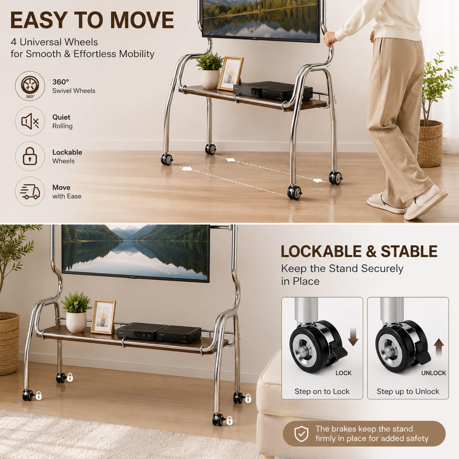 Mobilny Stojak TV z Półką do Przechowywania i Panelem Perforowanym | Uniwersalny Stojak do Telewizorów 32–75 Cali, Rama ze Stali Nierdzewnej(Black,90x35x120cm)