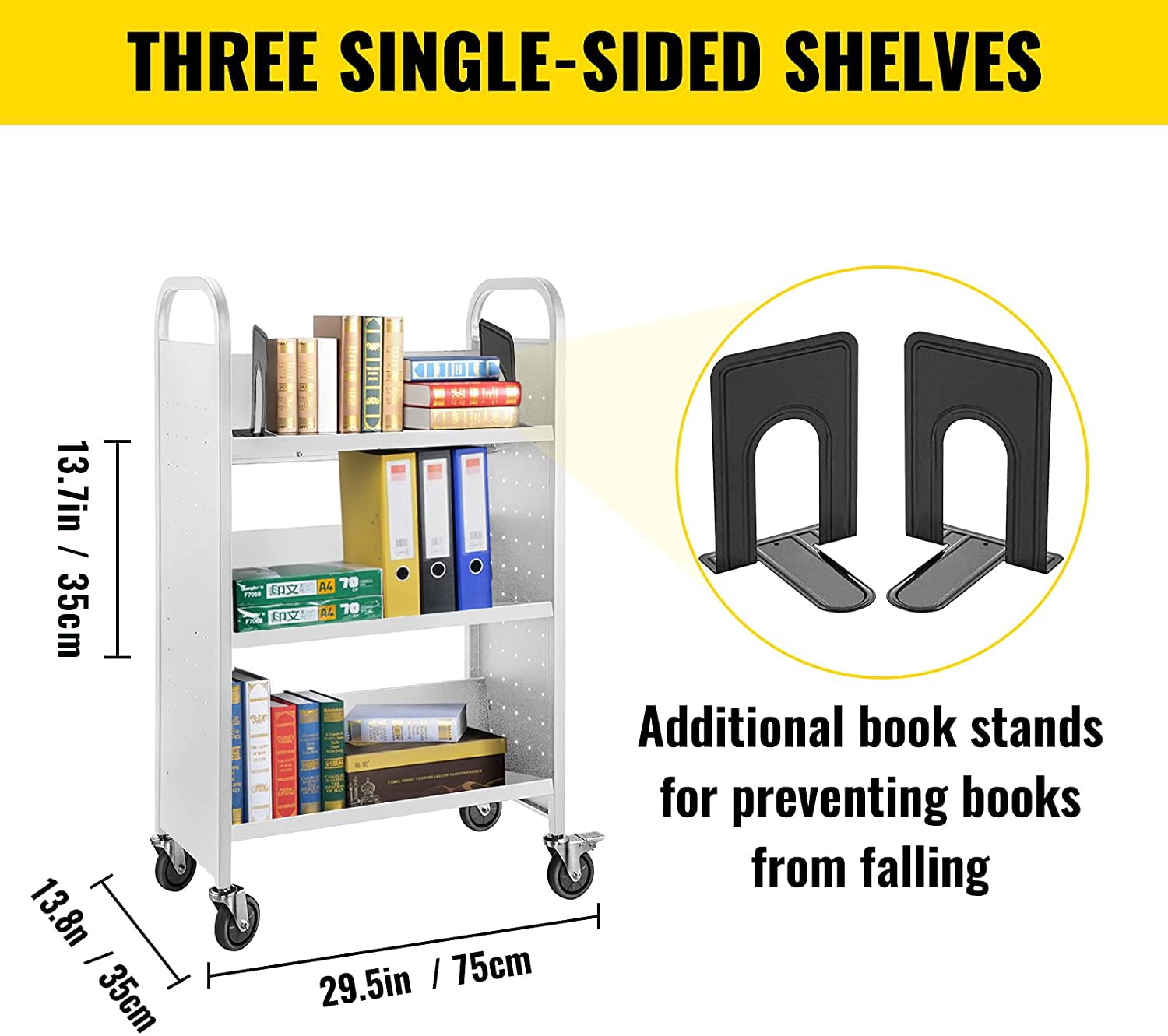 VEVOR Carrito Blanco para Libros con Ruedas Carro con Estantes Inclinados en Forma de V de un Solo Lado, 1250 x 750 x 350 mm, Carga de 90 kg, Carro de Libros para Biblioteca, Oficina, Escuela, Casa