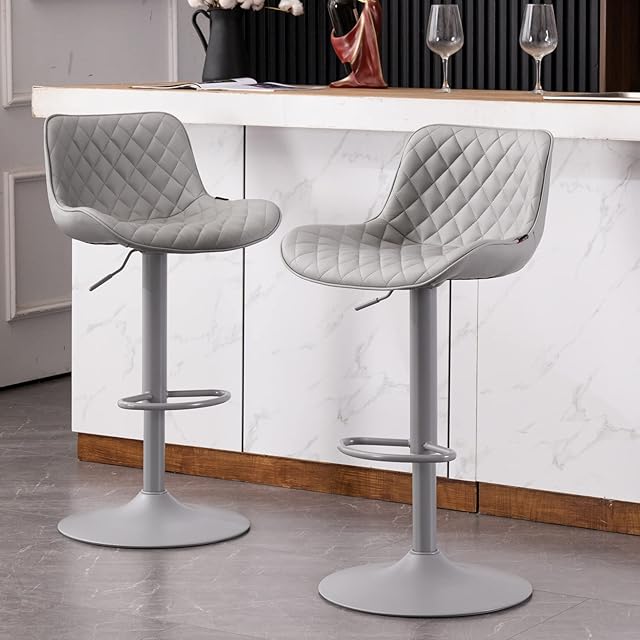 YOUTASTE Bar Stools set of 2 Grey Adjustable Breakfast Barstools with Back Modern PU Leather Padded Bar Chairs Swivel Metal Bar Stools for Kitchen Counter Island