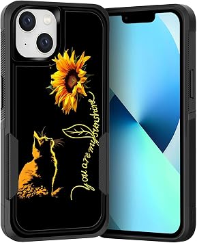 iPhone 15用ケース デュアルレイヤー ハイブリッド 高耐久 頑丈 耐衝撃 ハードPC + ソフトシリコン保護ケース iPhone 15 6.1インチ 2023年用 猫 You are My Sunshine