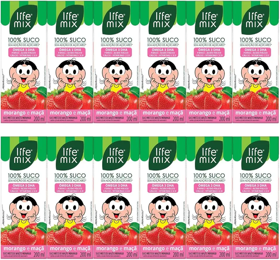 Kit com 12 Sucos de Morango e Maçã 100% Suco sem Adição de Açúcares 200mL - Life Mix