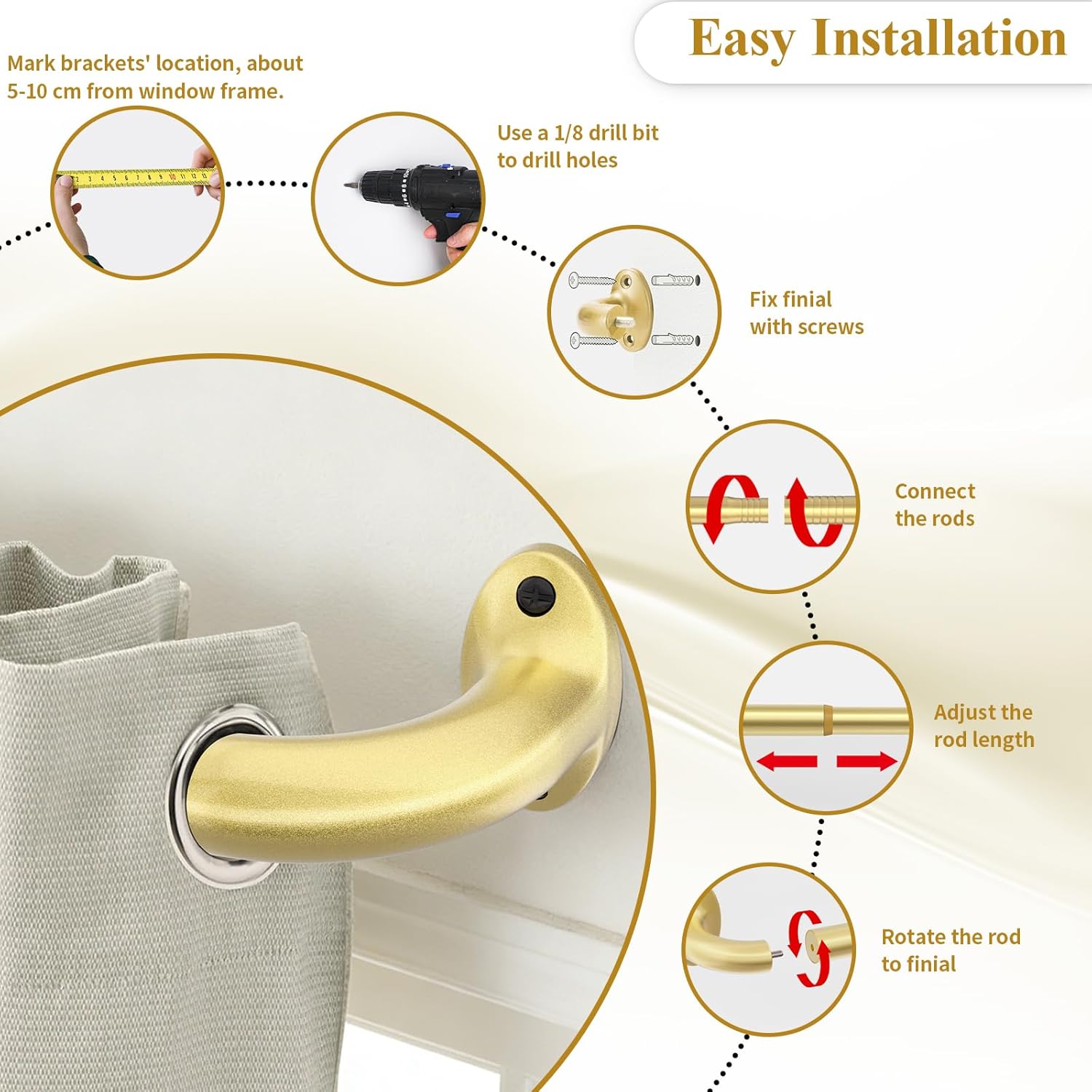 Wrap Around Extra Long Gold Curtain Rod for Windows 72-144 Inch, 1 Inch Heavy Duty Blackout Curtain Rod 34-157 Inches, Adjustable Curved Metal Drapery Rod, Gold