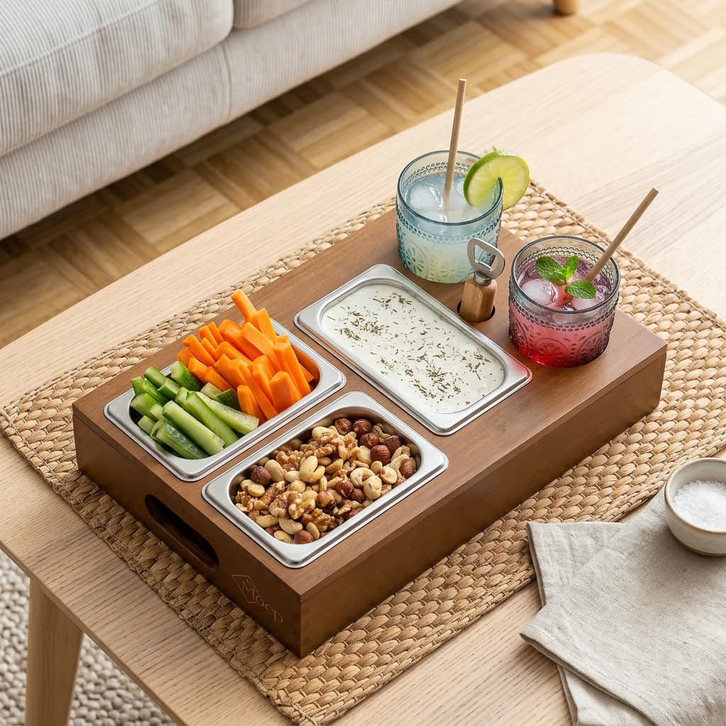 Couchbar aus Bambus mit 2 Getränkehaltern & 3 Edelstahlschalen – Sofa Organizer & Snackbox für Filmabend, Gaming & Serienabend – Sofatablett mit Snackschalen, Couch Butler 40 x 26 cm