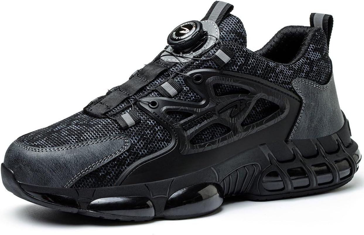 Dajingkj Veiligheidsschoenen voor heren, licht, trends, draaiknop, werkschoenen, luchtkussen, gymschoenen, ademend, stalen neus, 45 EU
