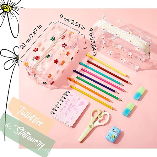 Miniatura 2 de Amylove Paquete de 2 bonitas bolsas de maquillaje de flores con cremallera de margaritas, bolsa para lápices florales, bolsas de aseo portátiles