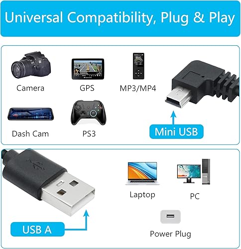 Miniatura 6 de Cable de alimentación de cámara de tablero de ángulo recto de 11.5 pies, cable de carga mini USB de 90 grados 24 AWG para Garmin Nuvi GPS, cámara