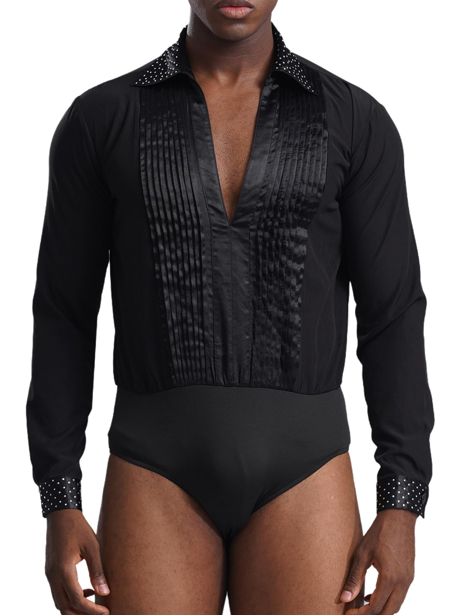 TTAO Camisa latina para hombre, cuello en V, brillante, body de una pieza con botones en la entrepierna, maillot de baile, disfraz de salsa, samba, chacha, moderno, disfraz de danza