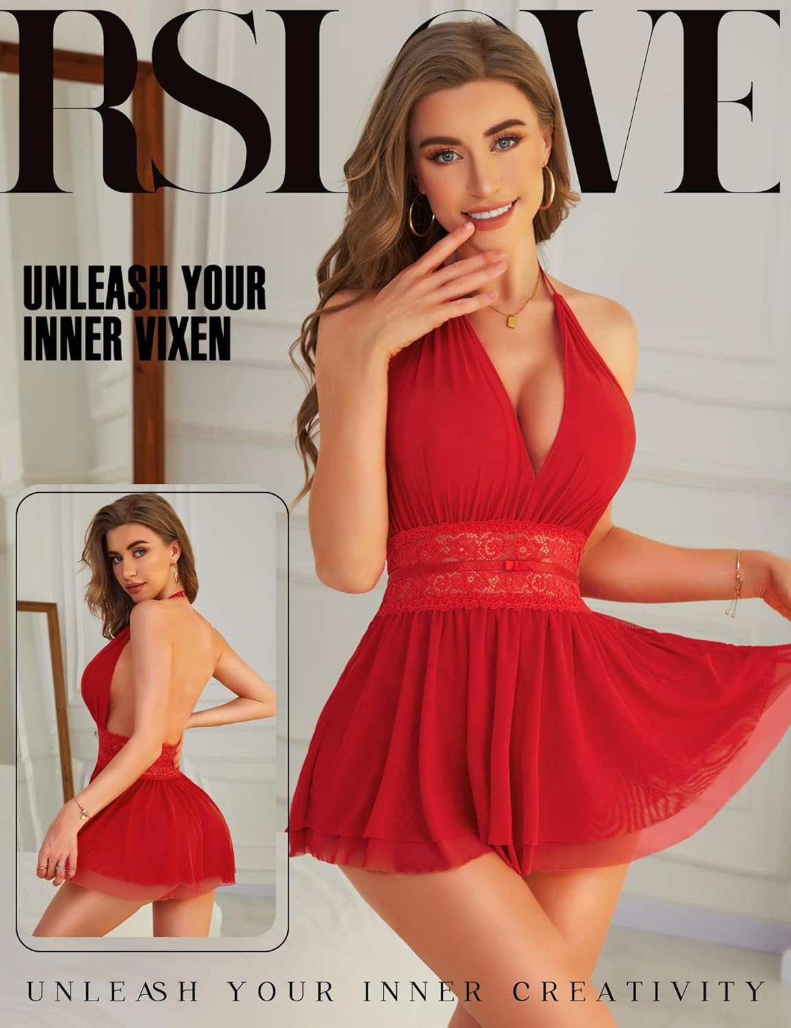 RSLOVE Women's Lingerie Lace Babydoll - Sexy Chemise with Halter Neck Backless Mesh Nightgown Spaghetti Straps Sleepwear - Image 2