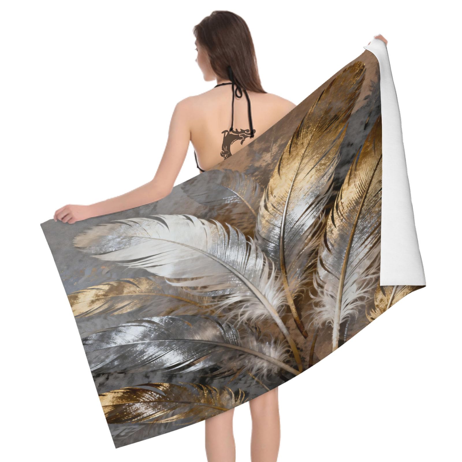 Leichong 3D Feathers Pattern Beach Towel Microfiber Soft Quick Dry for Adults, Feathers Pattern Bath Towel Lightweight Soft Absorbent for Travel Swimming Pool Sports, 75 x 150 cm