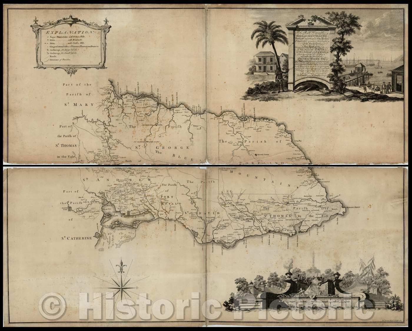 Amazon|歴史的な地図 ジャマイカ島のサリー郡の地図 1763 トーマス・クラスケル ヴィンテージ壁アート 55in x 44in