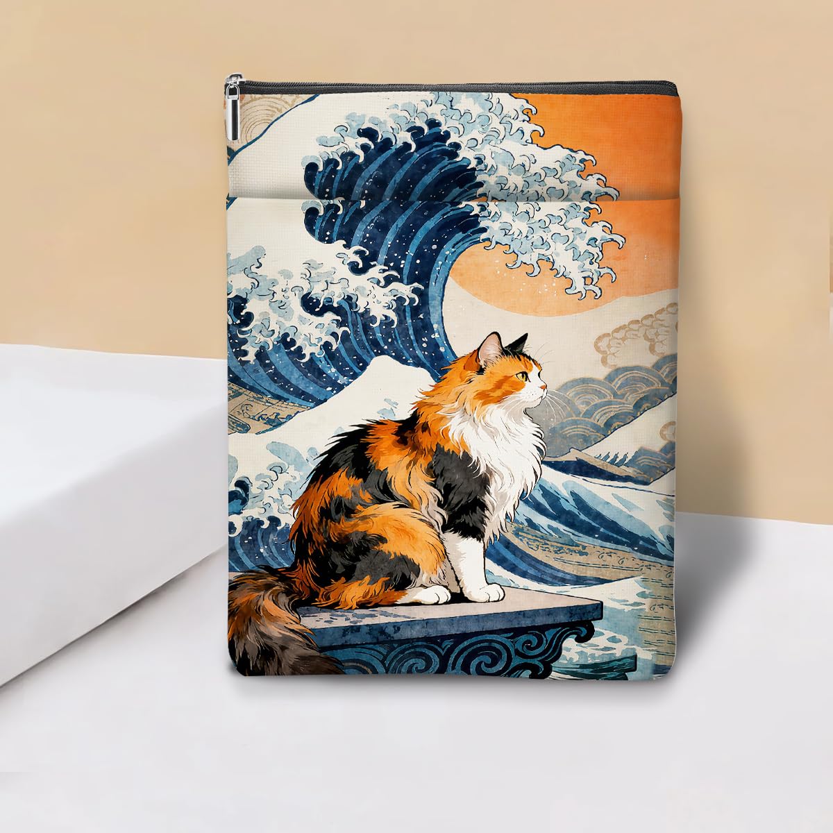 Japanese Kimono Cat Ocean Book Sleeve, Book Lovers Gifts Sleeve with Zipper & Front Pocket, 11.5x8.8 Inch Canvas Books Cover Protector Bookish Cat Lover Gifts for Readers Women Friend Birthday Gift — view 10