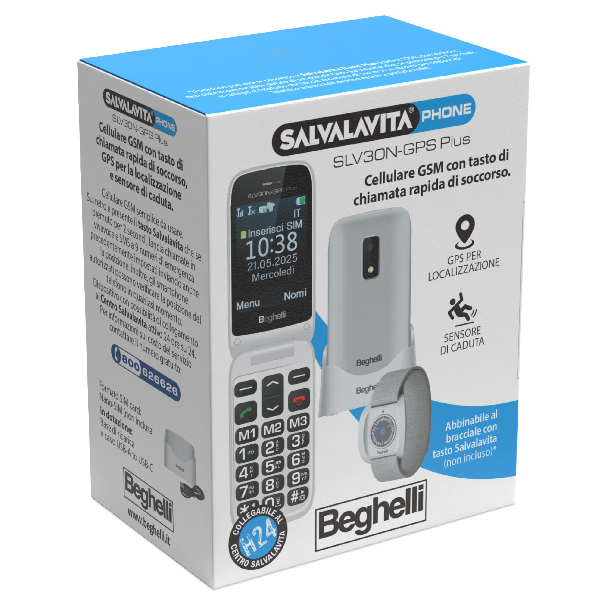Beghelli Telefono Salvavita per Anziani, Salvalavita Phone SLV30N-GPS Plus Ecodesign - Telefono Tasti Grandi e Pulsante di Emergenza SOS, Sistema di Allarme, per Anziani e Disabili, GPS/Wi-Fi (Grigio)