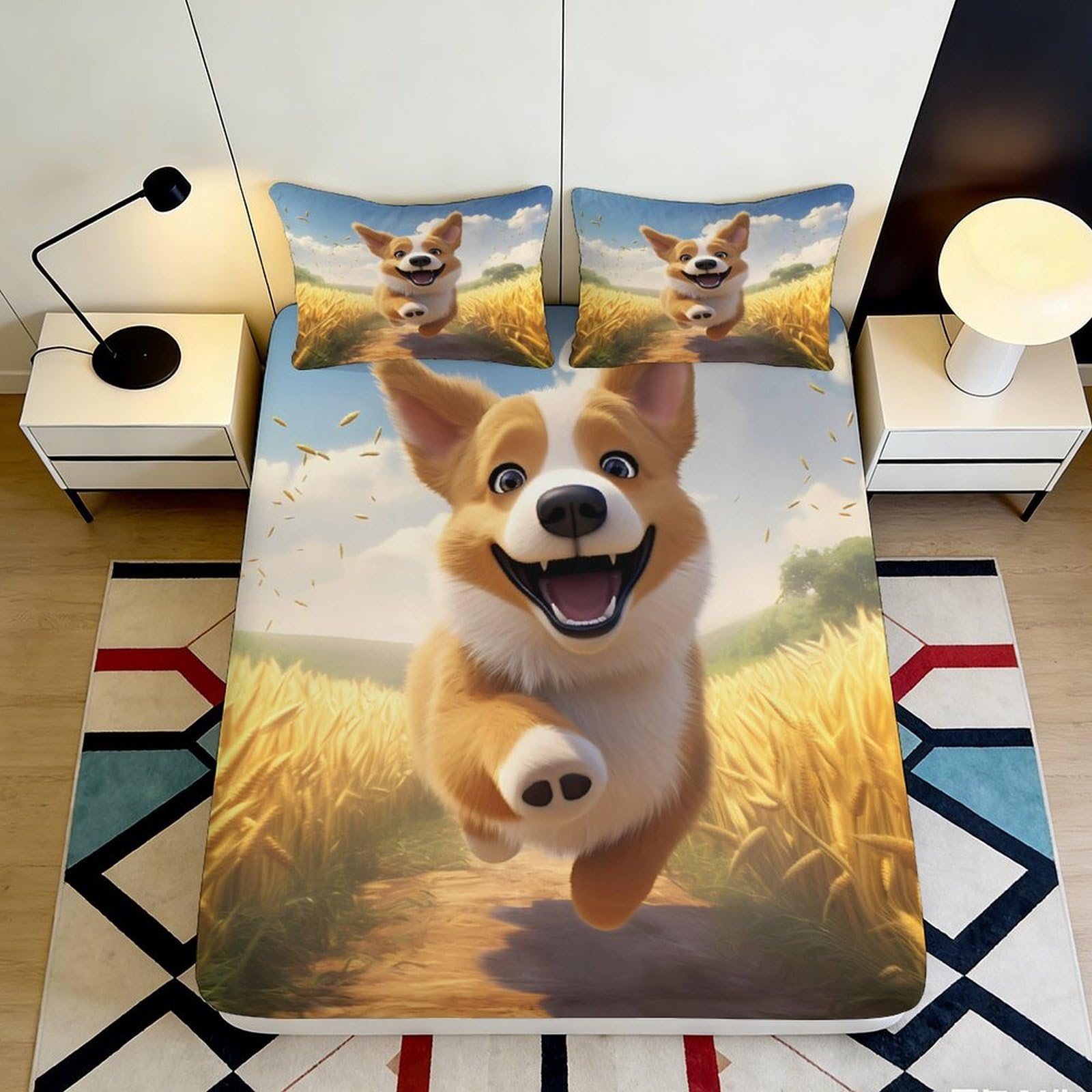 3D Printed Happy Corgi Field Fitted Sheet Microfiber Non-Slip Cartoon Dog Mattress Cover for Bedroom Dorm Decor 180x200x25cm