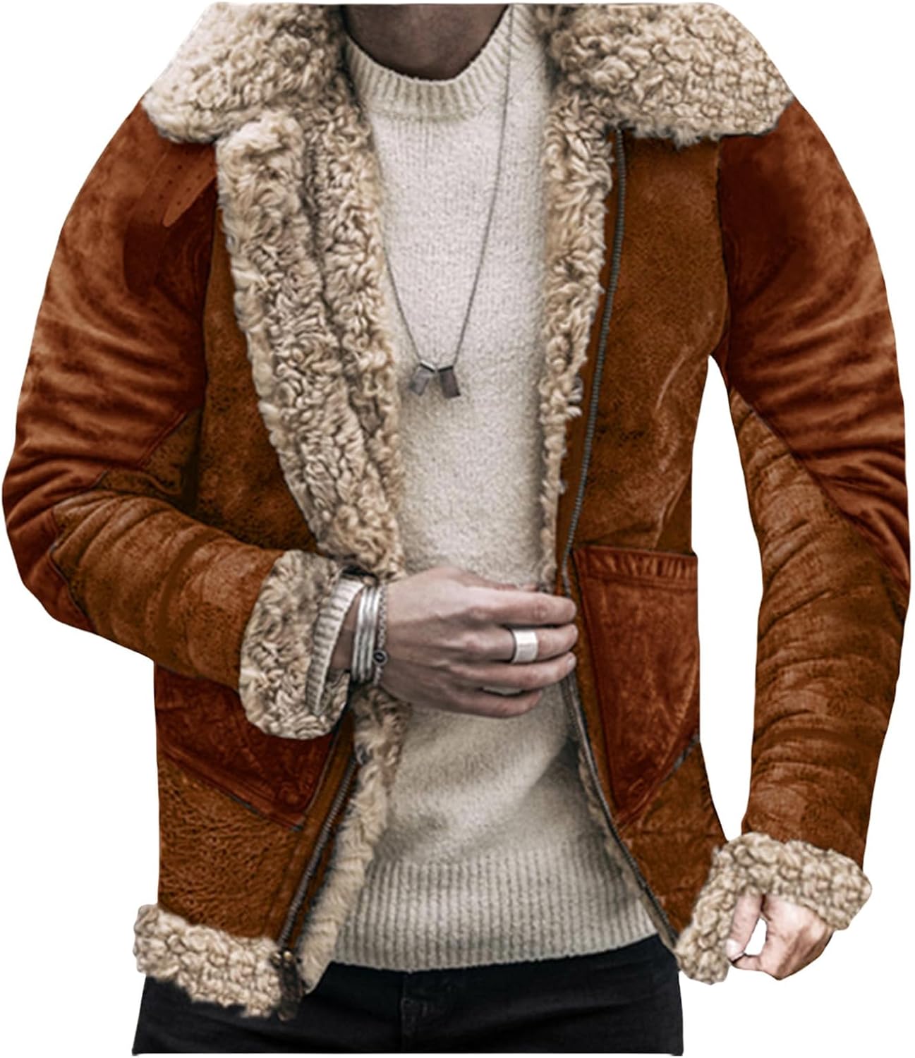 Thatrich Faux Leather Jacket Men Sherpa Fleece Lined Jackets Zip Up Winter Coat Motorcycle Bomber Jackets Vintage Outerwear