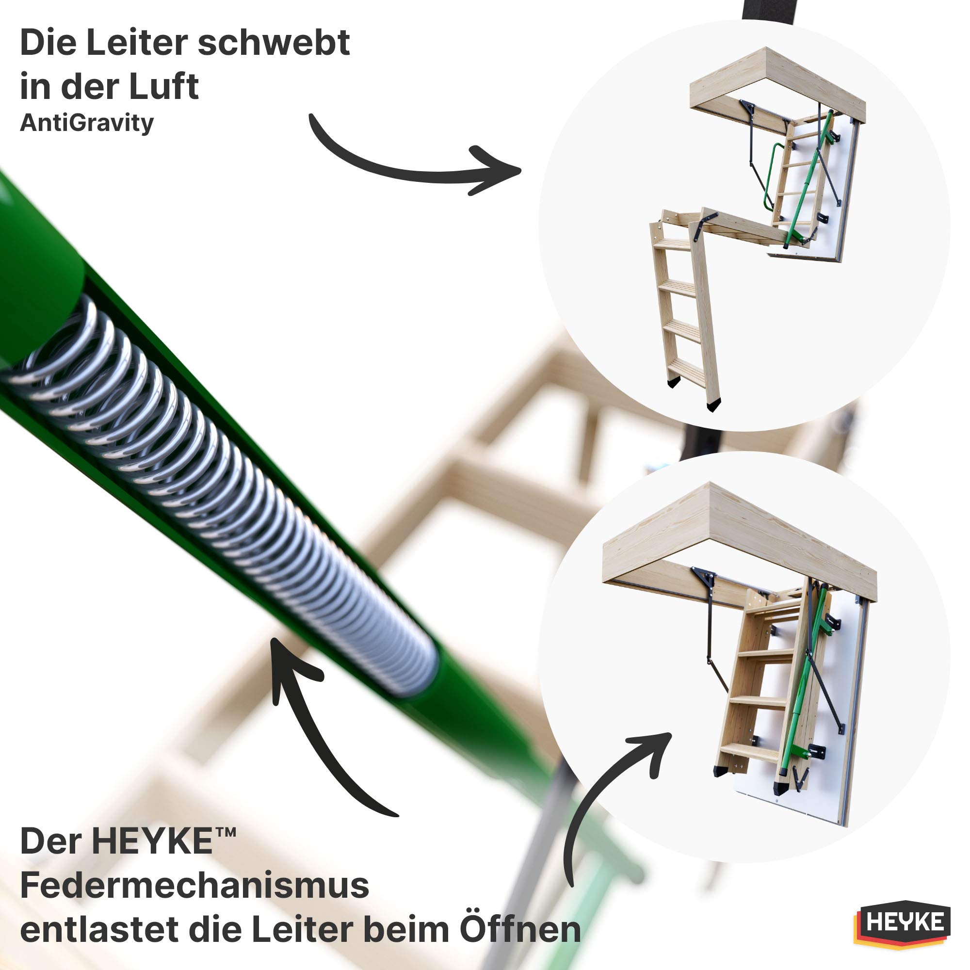 Gedämmte HEYKE W1 Bodentreppe mit Zwei Handläufe Spart Energiekosten | U-Wert 0,36 W/M2*K | Luftdichtheitsklasse 4 | 2 Dichtungen | Bequeme Assistenz-Federmechanismus | Möbelqualität