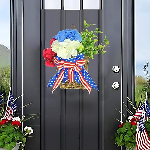 Miniatura 2 de Cesta colgante patriótica artificial Decoración de puerta delantera del 4 de julio, decoraciones de patio del día de la independencia, decoración