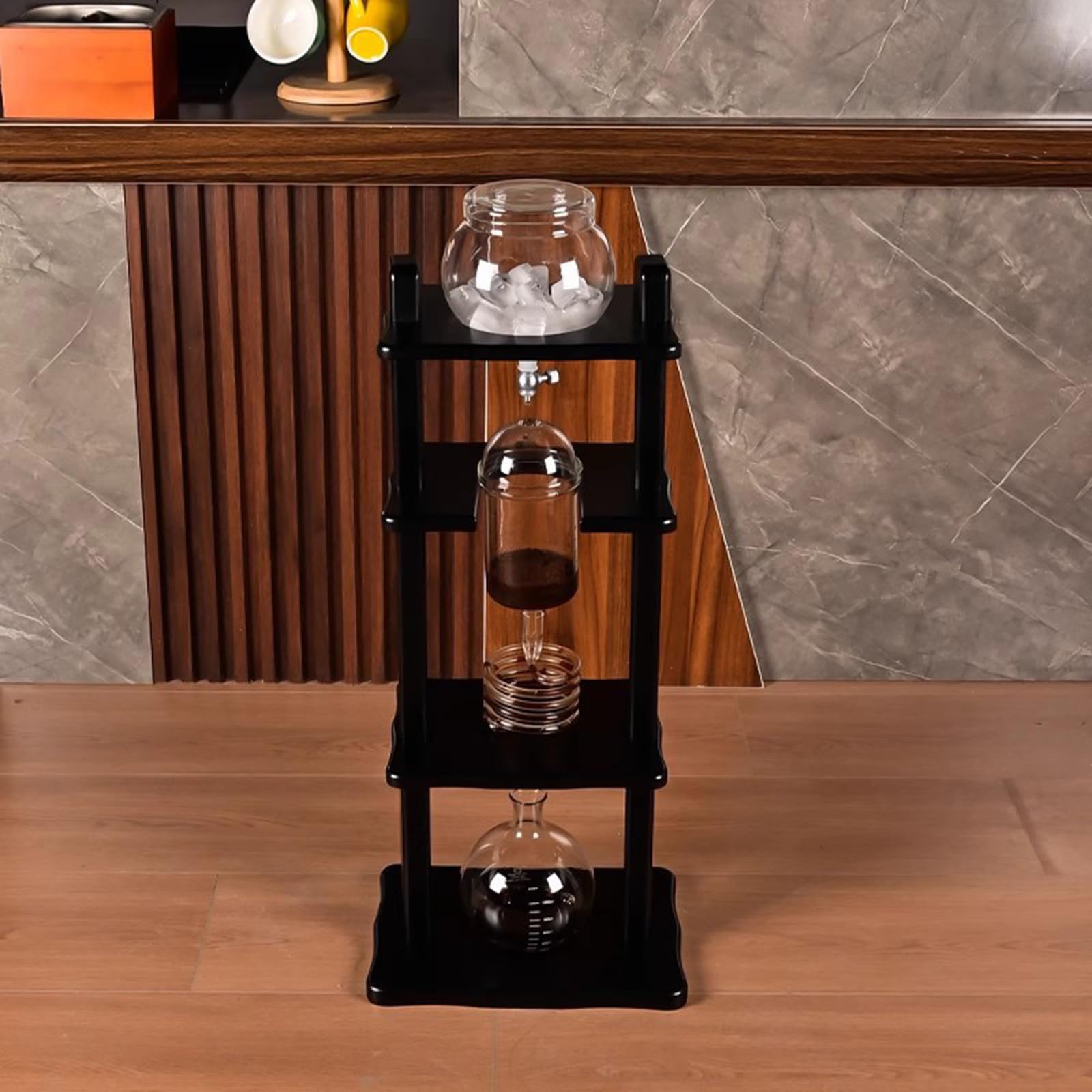 Wieża Do Kawy Cold Brew, Ekspres Do Kawy Wolnokanałowej 1000ml | Maszyna do Kawy Mrożonej, Przygotowuje 6-8 Filiżanek, Czarna Prosta Rama z Drewna, do Barów, Klubów i Imprez