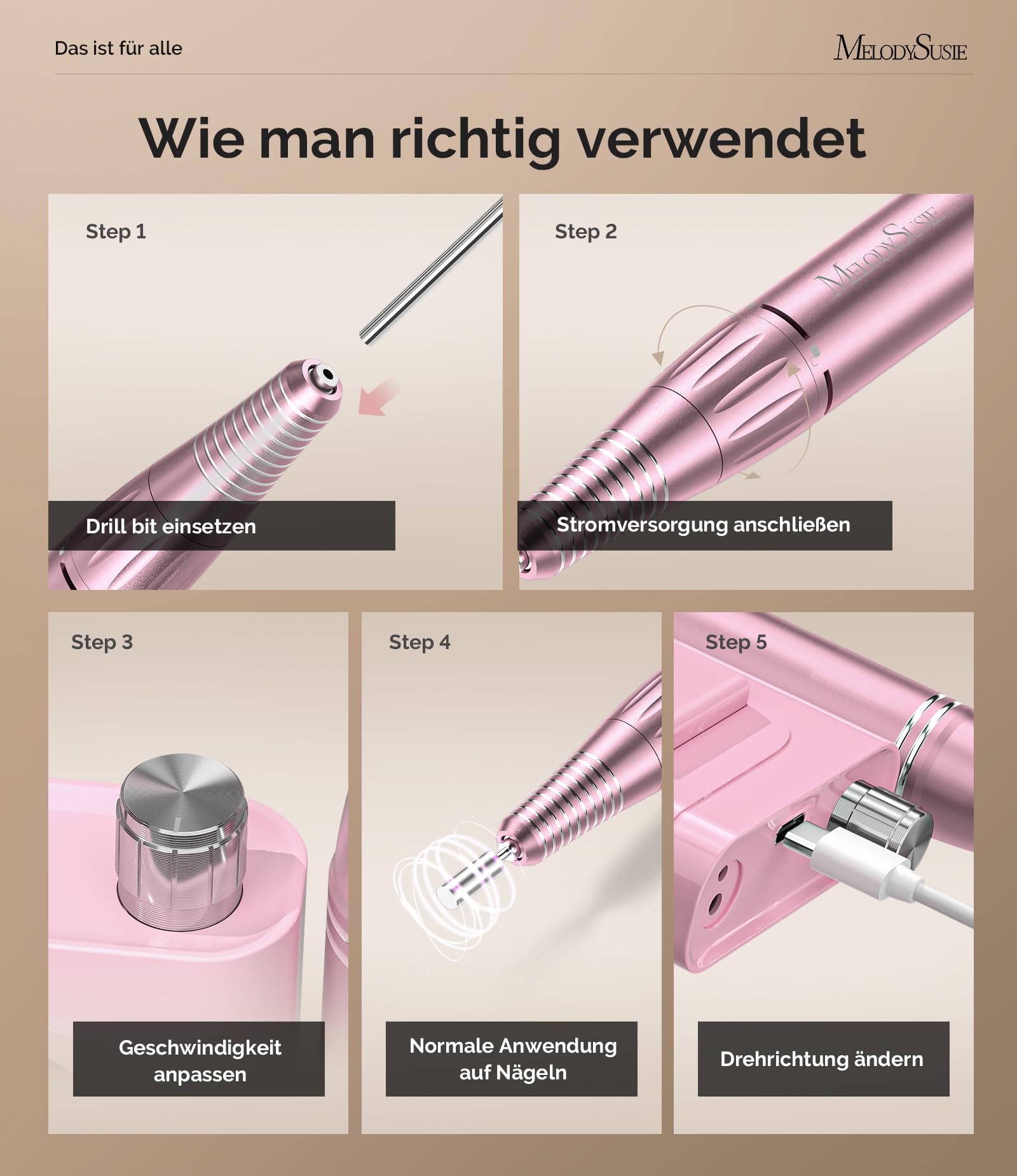 MelodySusie SC300F Aufsteckbarer Nagelfräser, Wiederaufladbare Elektrische Nagelfeile 30000 U/min, mit LCD-Display, Verstellbarer Geschwindigkeit, für Acrylnägel Gelnägel, für Salon & Zuhause