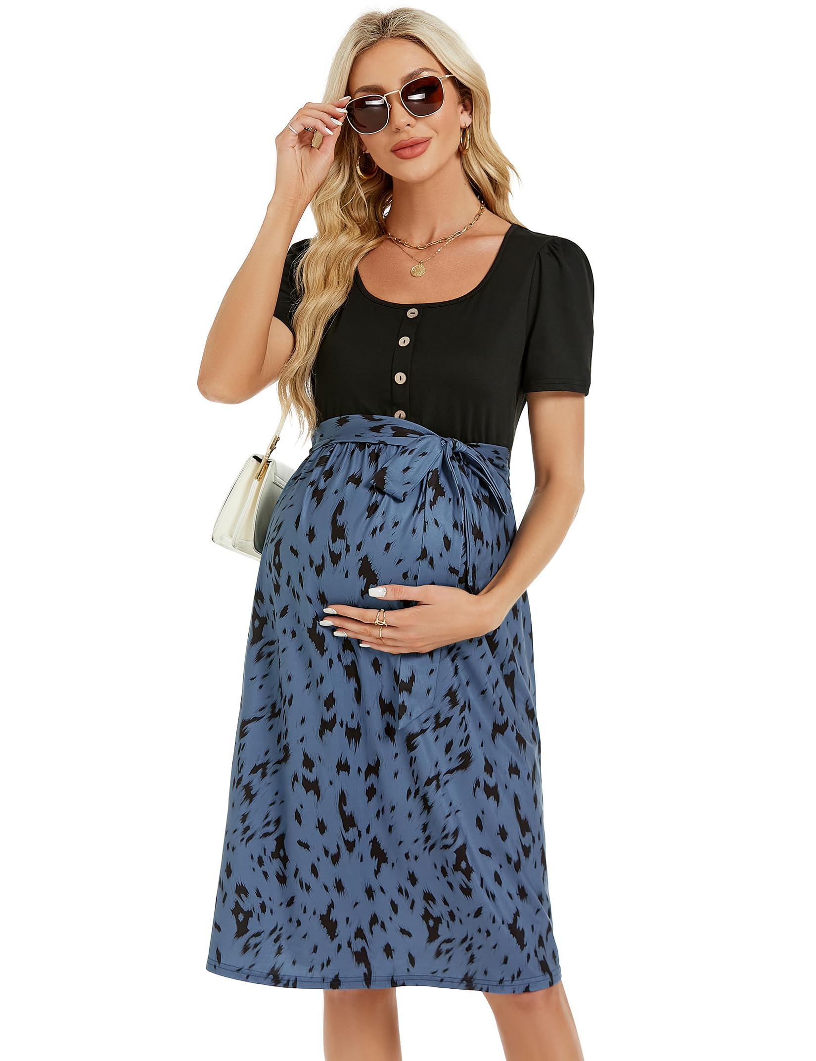 YesFashion Robe de grossesse d'été pour femme - Manches courtes - Taille haute - Col carré - Robe de grossesse décontractée avec ceinture (emballage réutilisable)