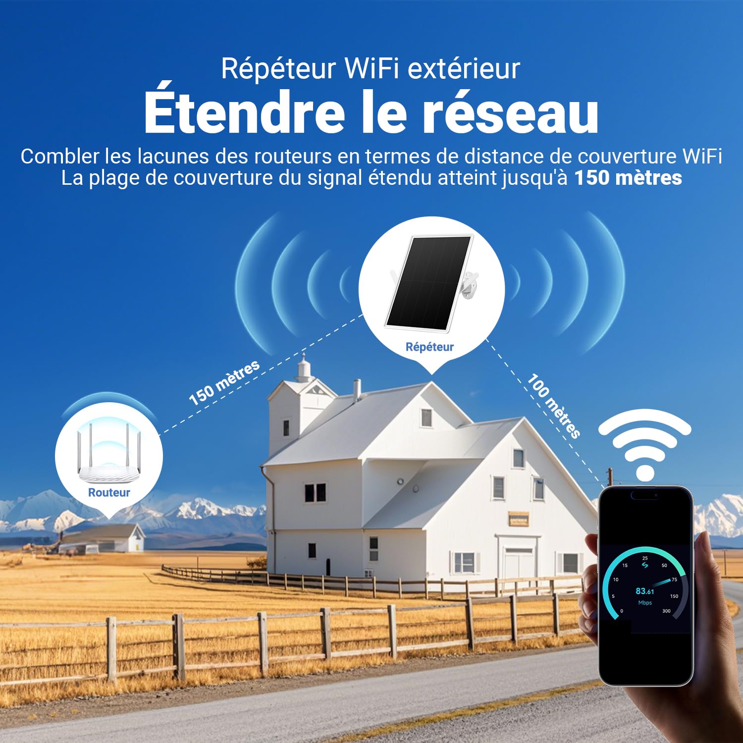 Répéteur Solaire d'extérieur résistant aux intempéries, amplificateur de Signal Internet sans Fil 2,4 GHz avec énergie Solaire + Batterie de 20000 mAh, Pas de Zones mortes WiFi pour la