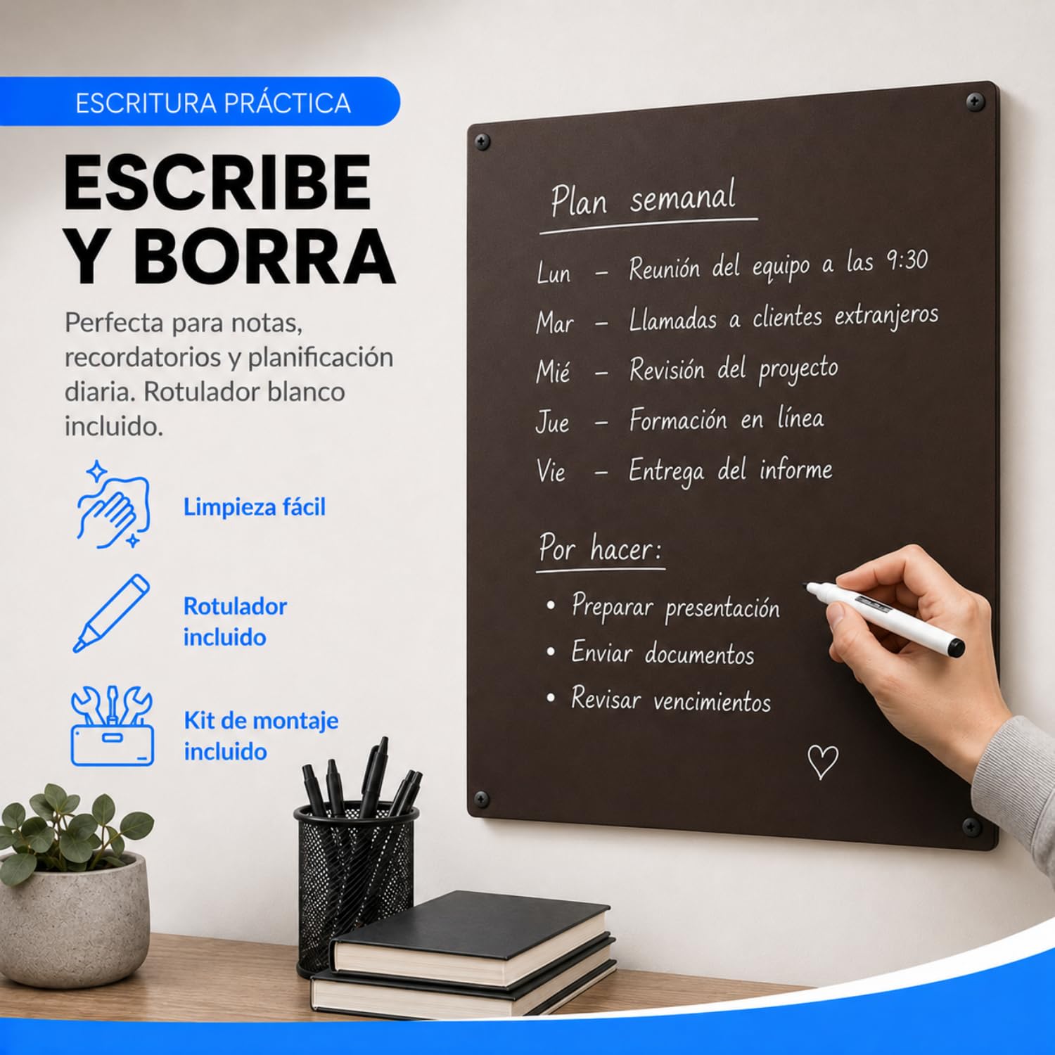 INOXLM Pizarra magnética de pared borrable de acero, marrón 60 x 44 cm, pizarra para imanes ideal para casa y oficina, rotulador blanco incluido - Made in Italy