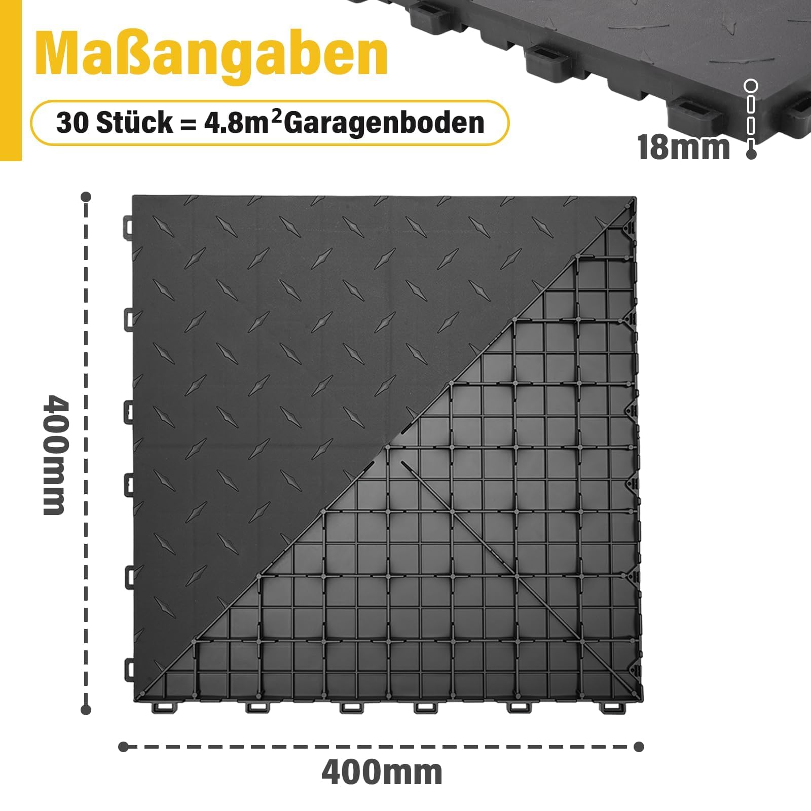 jxgzyy 30 Stück Garagenbodenfliesen, 40x40 cm verzahnte Werkstattboden Klickfliesen, 10.000 kg Tragfähigkeit, rutschfeste DIY Fliesen für Garagen, Kellerräume, Schwarz