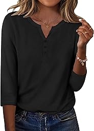 Zeagoo Tshirt Damen 3/4 Arm Shirt V-Ausschnitt Elegant Oberteile Locker Basic Top Tunika Bluse Sommer mit Knöpfen S-XXL
