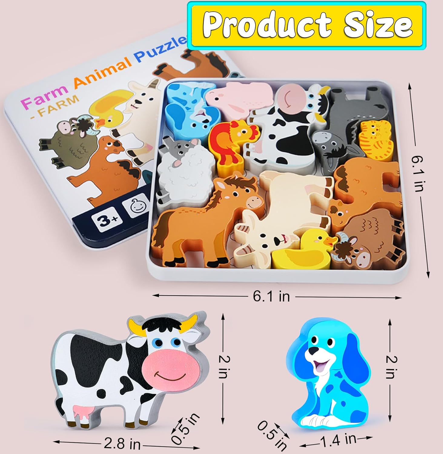 Wooden Animal Puzzles Toys for Toddlers,24 Pcs Farm and Safari Animal Figures,Animal Matching Sorting Stacking Toys for Boys Child Girls,Educational Learning Toys Gift for Kids