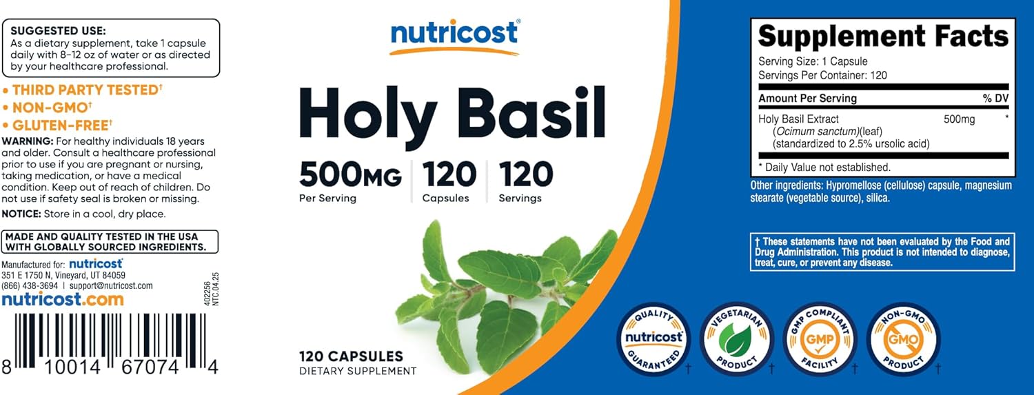 Nutricost Holy Basil Capsules 500mg, 120 Vegetarian Capsules - Gluten Free, Non-GMO - Image 6