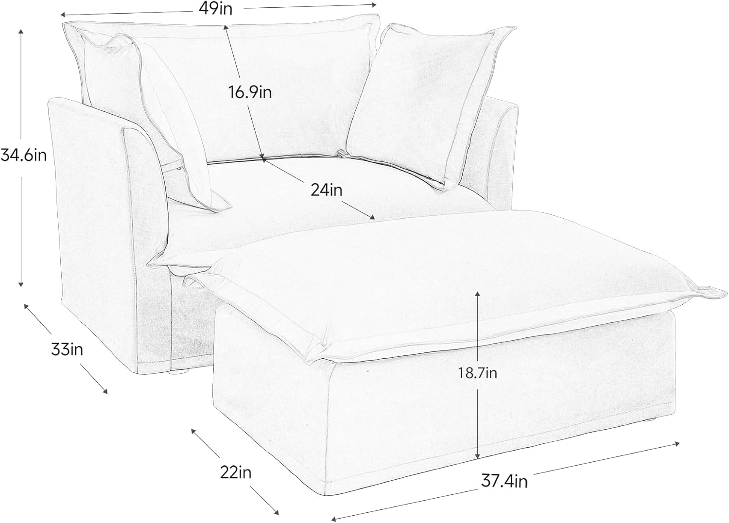 KEIKI Oversized Accent Chair with Ottoman, Chaise Lounge Chair with 2 Pillows, Armchair Sets, Oversized Sofa Bed, Sleeper Couch Reading Chairs for Living Room, Blue