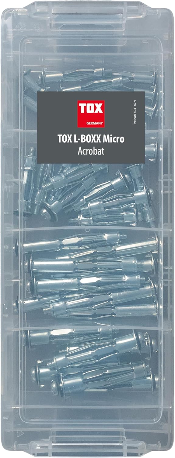 TOX L-BOXX 094901804 Micro Acrobat in Stackable and Clickable Sorting Box, with Metal Cavity Dowels in 4 Sizes M4 x 38, M5 x 37, M5 x 65 and M6 x 52 mm, for Single and Two-Layer Wall Plates, 34 Pieces