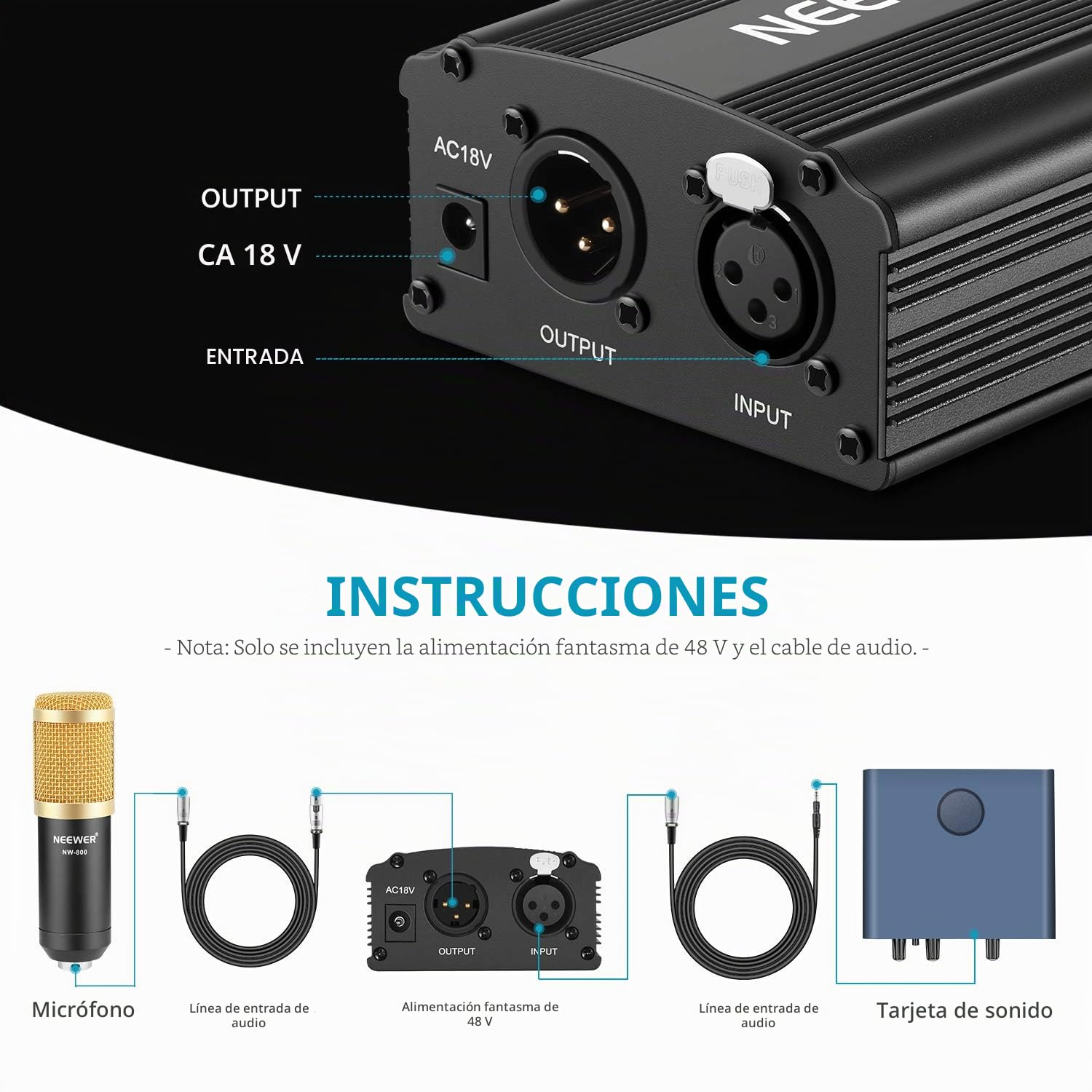 Neewer 1-Canal Phantom 48V Alimentación Suplimiento Negro con Adaptador y Cable de Audio XLR para Caulquier Micrófono Condensador Músico Equipo de Grabación