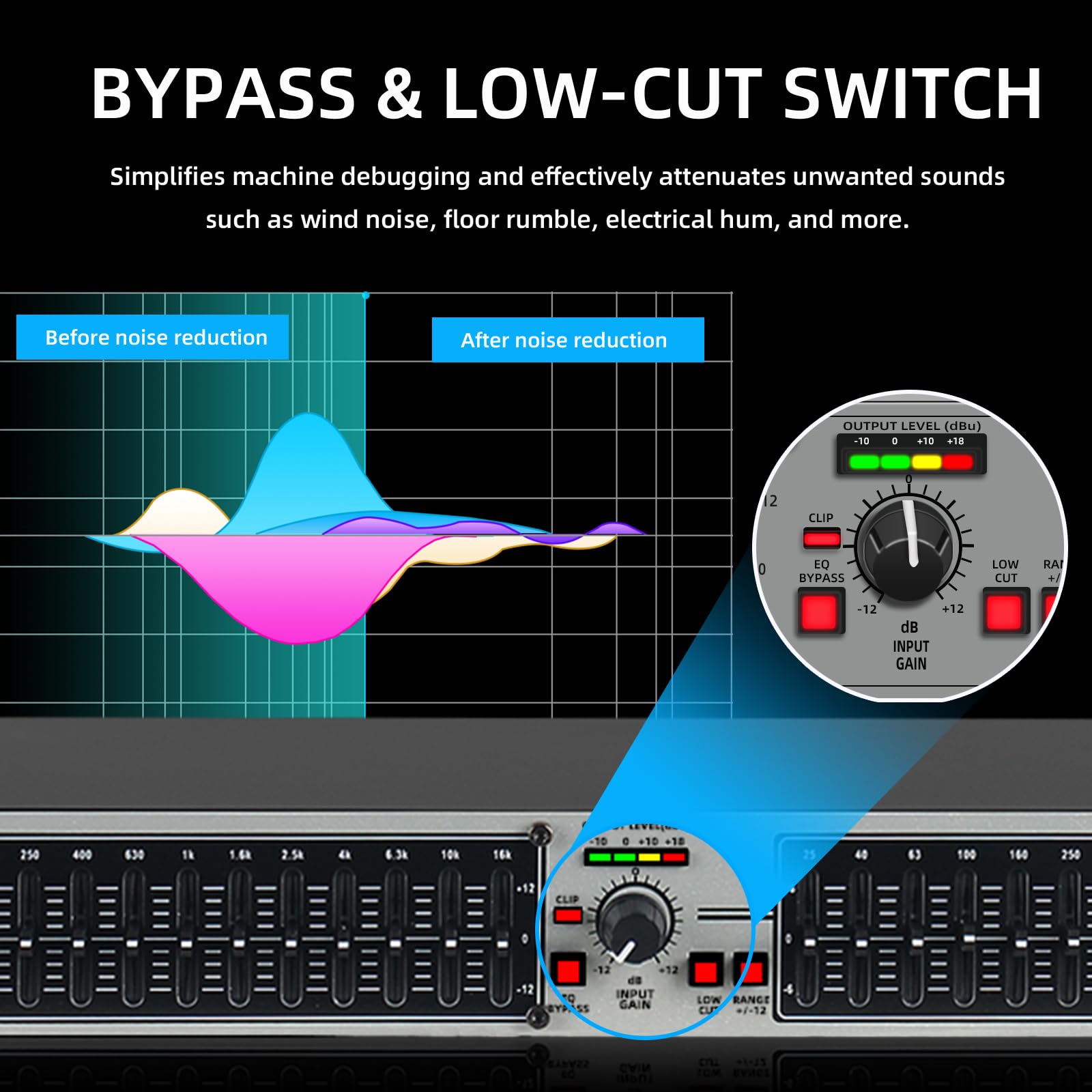 Ecualizador gráfico estéreo de 15 Bandas para Audio doméstico, Ecualizador Profesional de DJ Plateado de Doble Canal, reducción de Ruido de Montaje en Rack de 1U (EQ-215S)