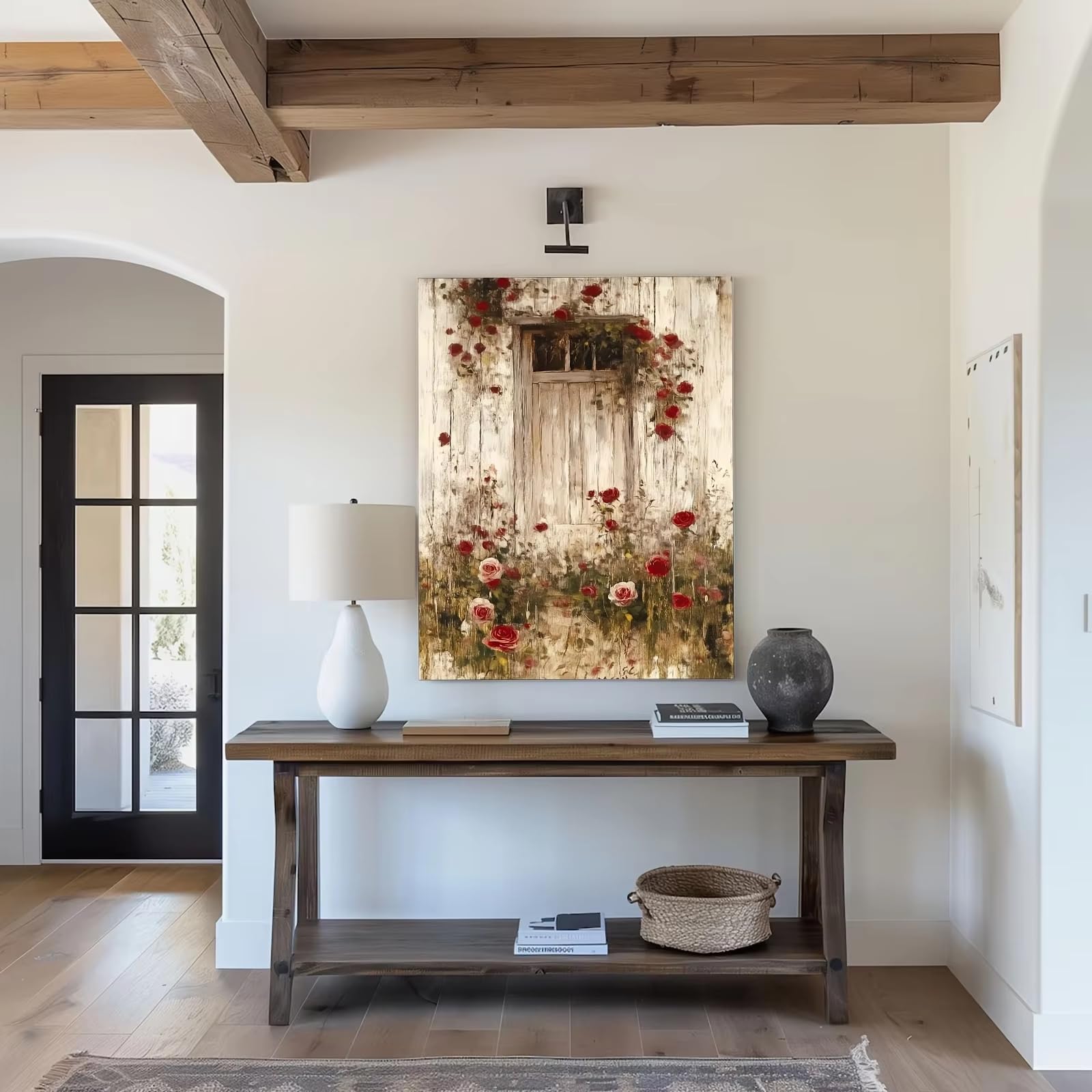 awtrhfc Canvas Wall Art Painting Rustic Rose Garden Vintage Art, Retro English Cottage Scene for Living Room Home Decor(70x90cm(26x35in)/No frame)
