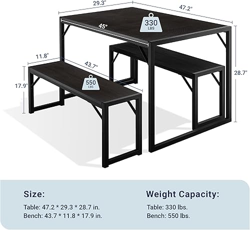 Miniatura 6 de Allewie Juego de mesa de comedor de cocina de 3 piezas con bancos, estructura triangular resistente, ahorro de espacio, multifuncional para comedor,