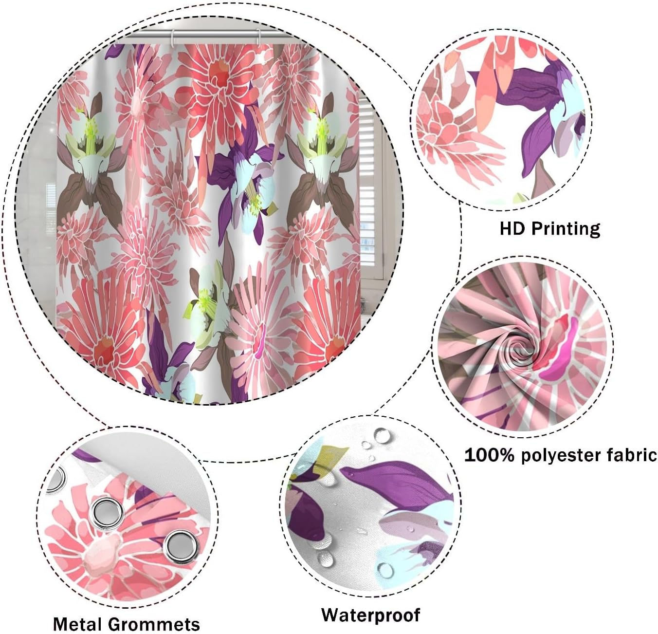 Pink Floral Shower Curtain 72x72 Inch Watercolor Chrysanthemum Purple Blossom Flowers Bath Curtain for Women Girly Bathroom Decor Fabric Polyester Waterproof Shower Curtains