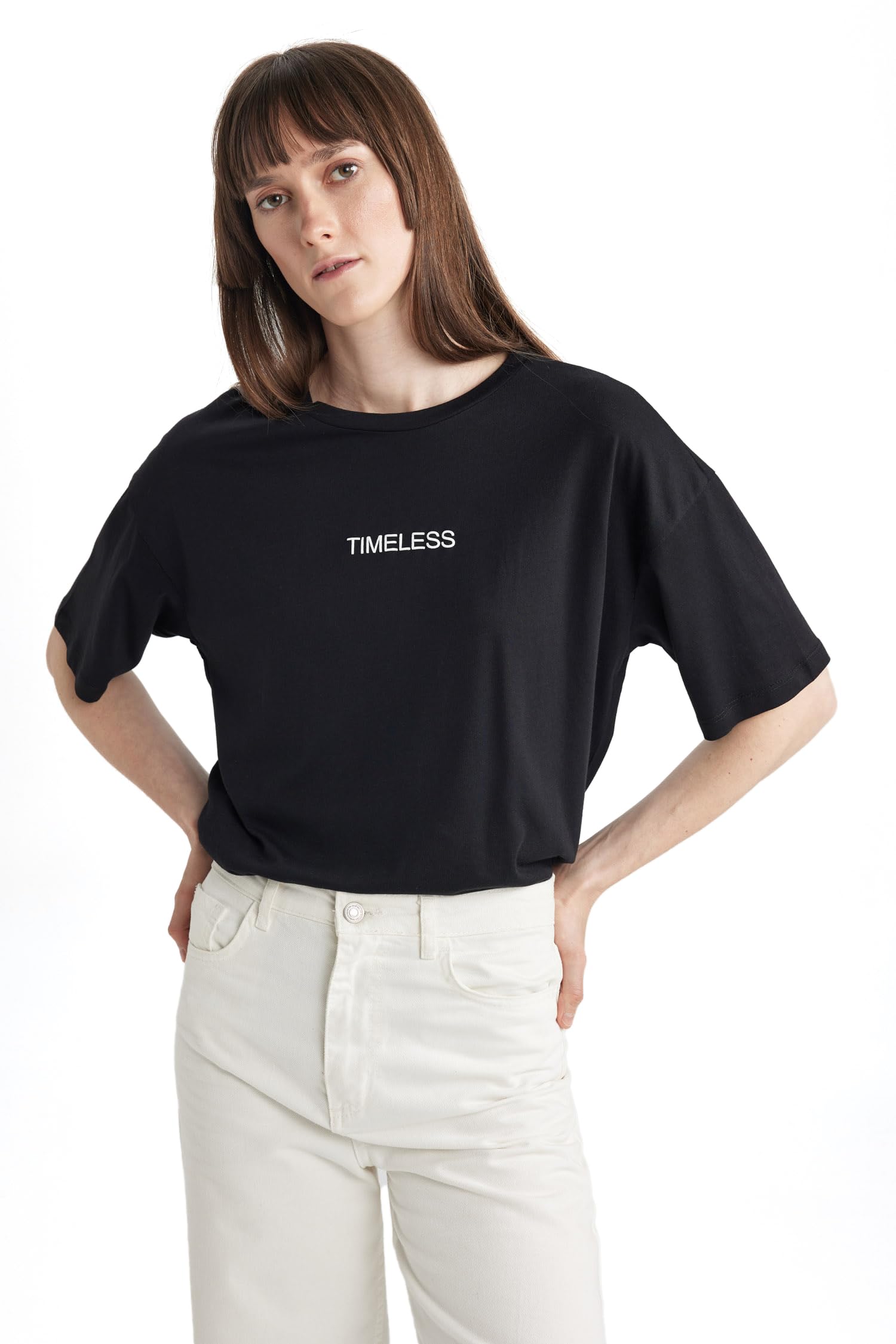 Kadın Relax Fit Bisiklet Yaka Slogan Baskılı Kısa Kollu Tişört